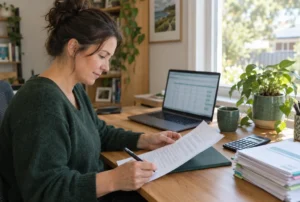NDIS provider reviewing a service agreement and GST records at her desk