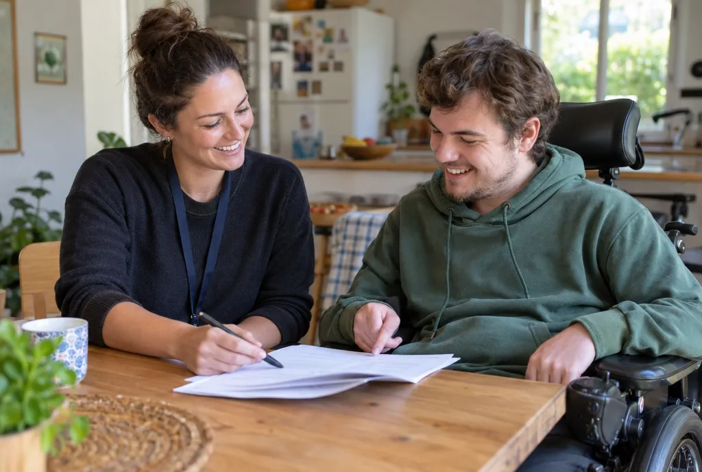 Support worker and NDIS participant going through a service agreement together